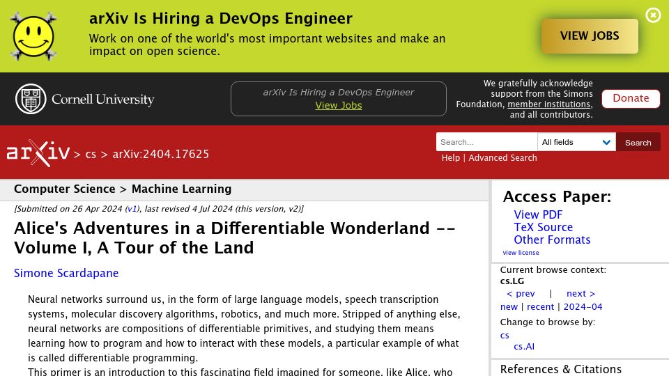 Screenshot of arxiv.org: Alice's Adventures in a Differentiable Wonderland