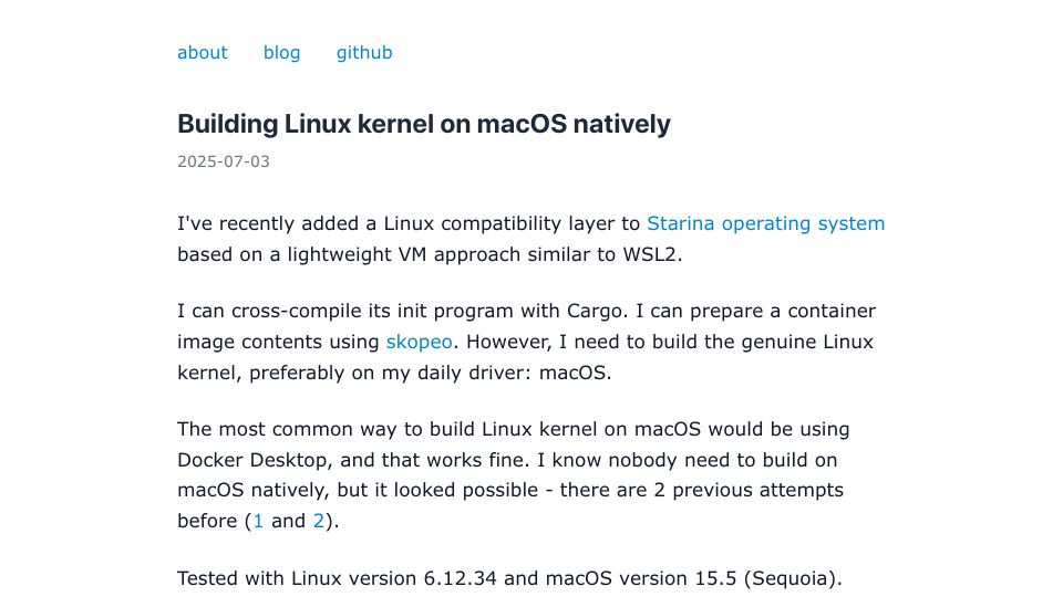 Screenshot of seiya.me: Building Linux kernel on macOS natively