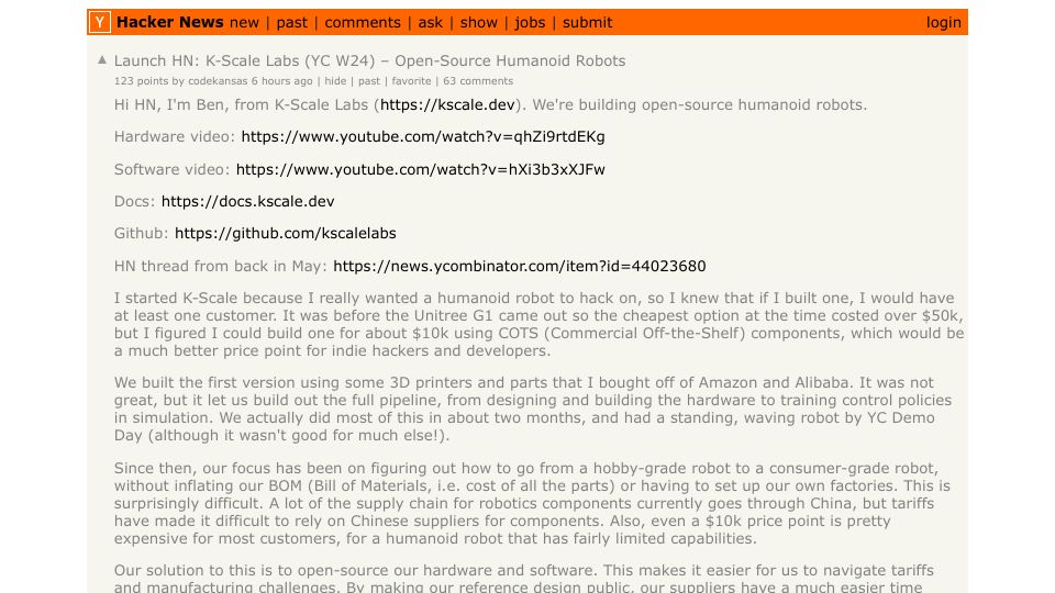 Screenshot of Hacker News post: Launch HN: K-Scale Labs (YC W24) – Open-Source Humanoid Robots
