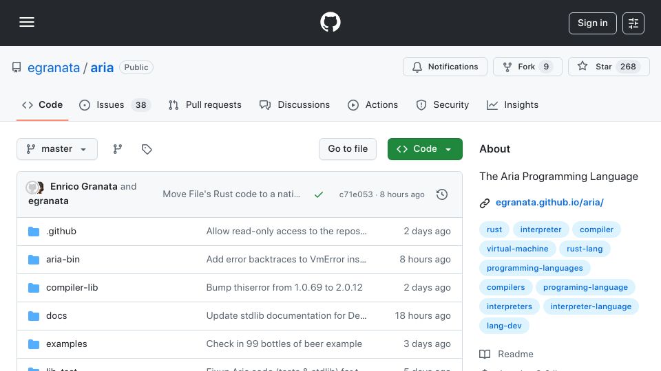 Screenshot of github.com: Show HN: The Aria Programming Language
