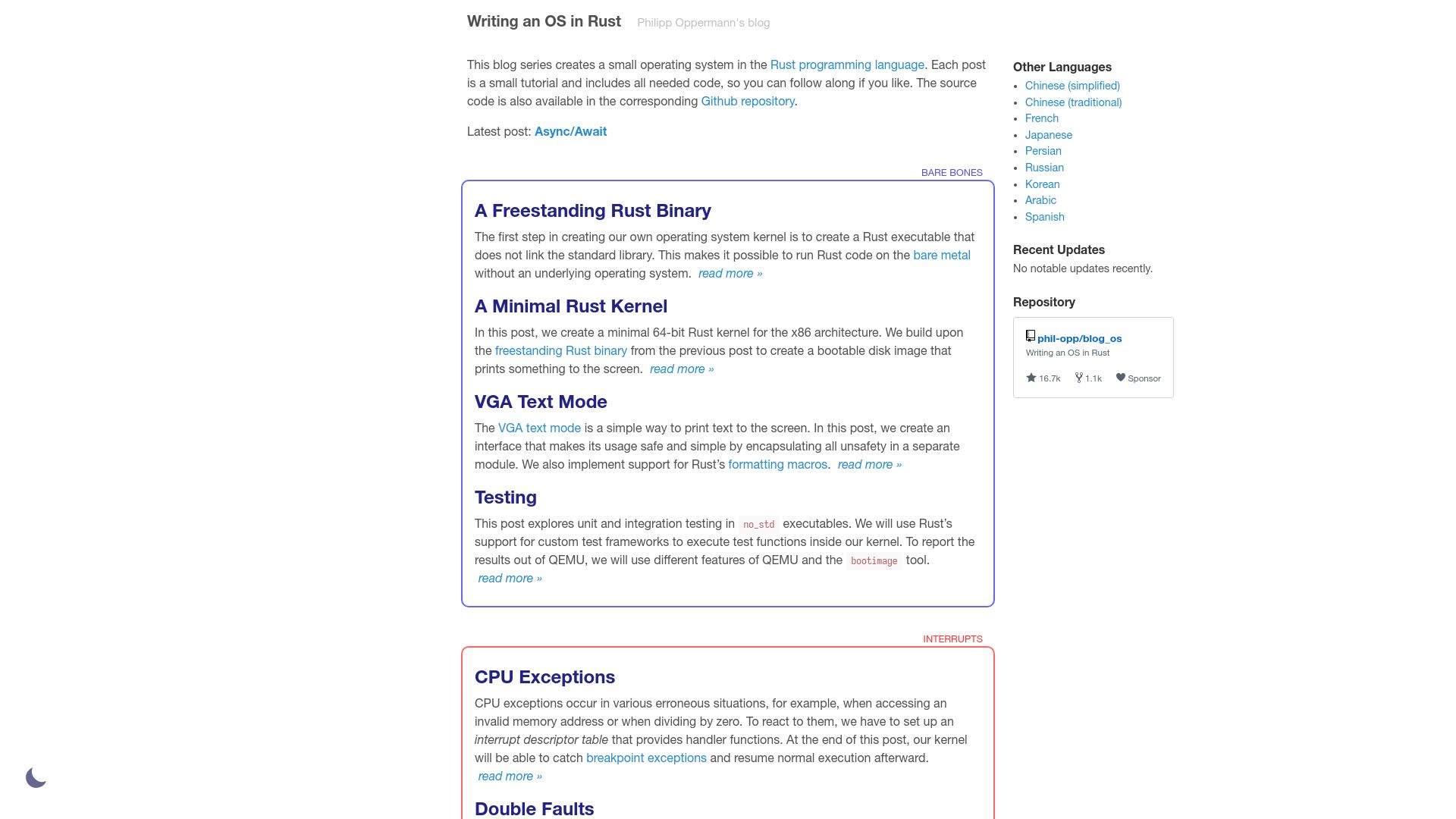Screenshot of os.phil-opp.com: Blog series on creating an OS in Rust