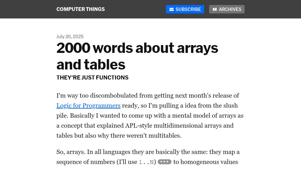 Screenshot of buttondown.com: Words about Arrays and Tables