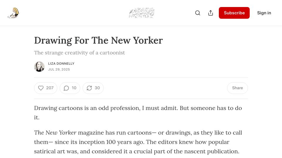 Screenshot of lizadonnelly.substack.com: Drawing for the New Yorker