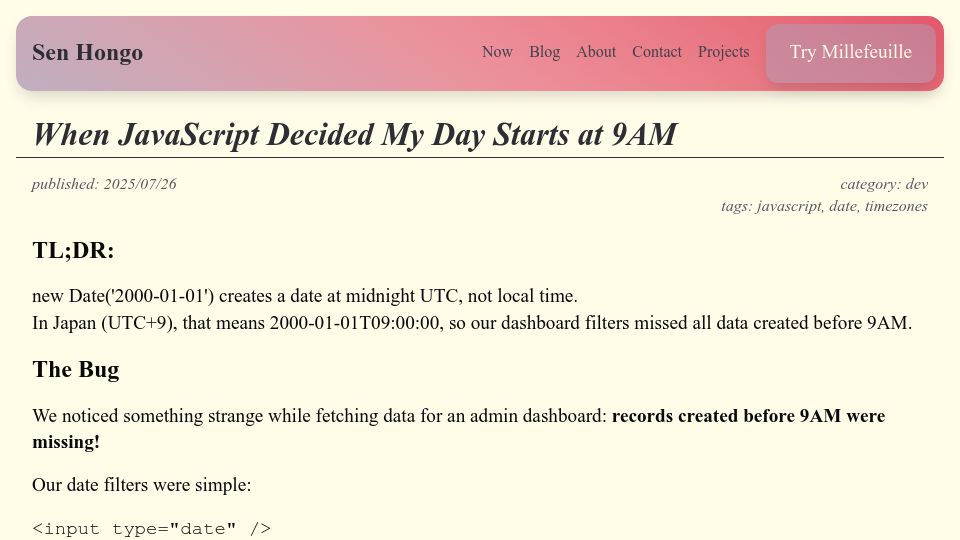 Screenshot of senhongo.com: JavaScript decided my day starts at 9am