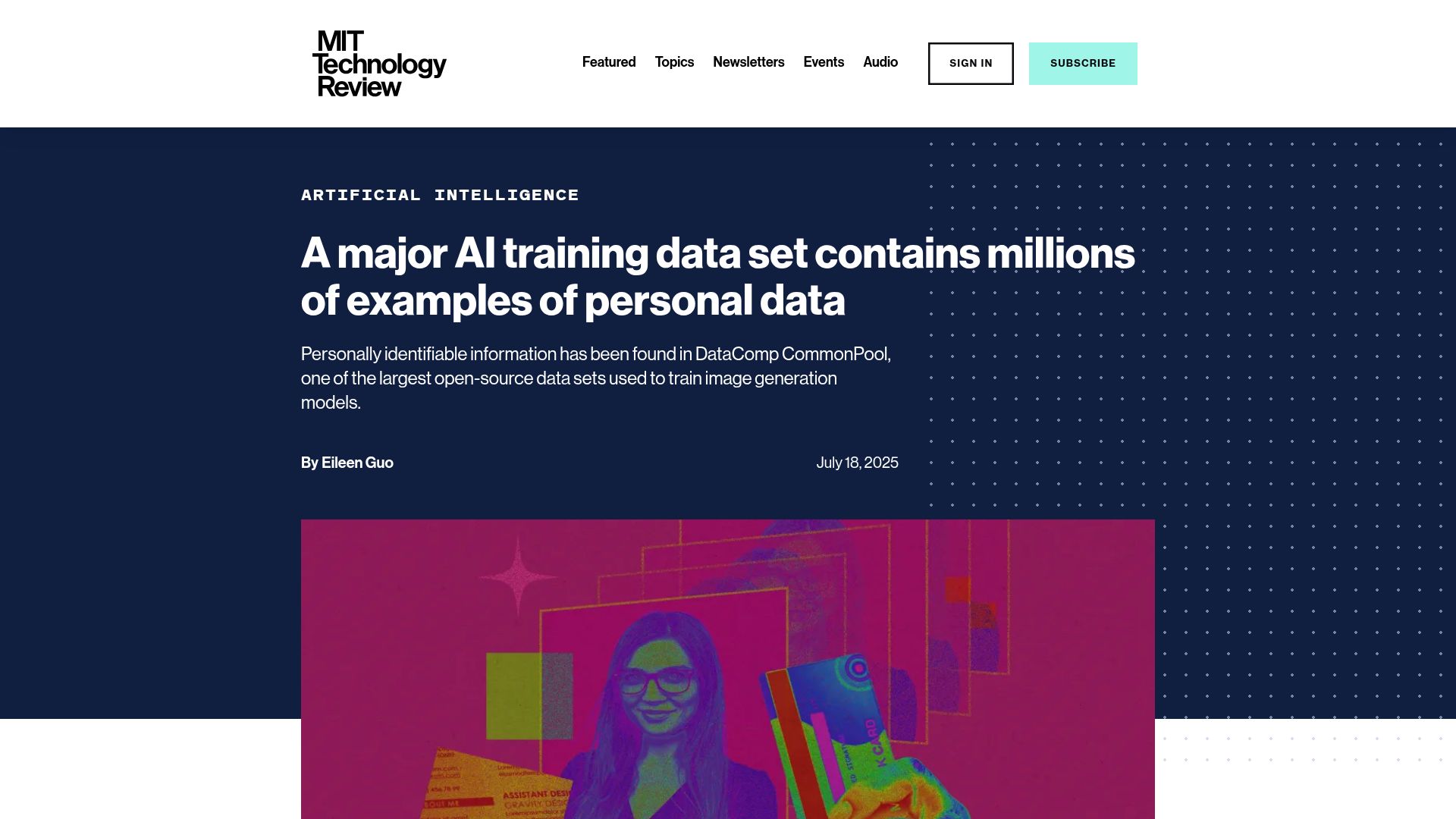 Screenshot of technologyreview.com: A major AI training data set contains millions of examples of personal data