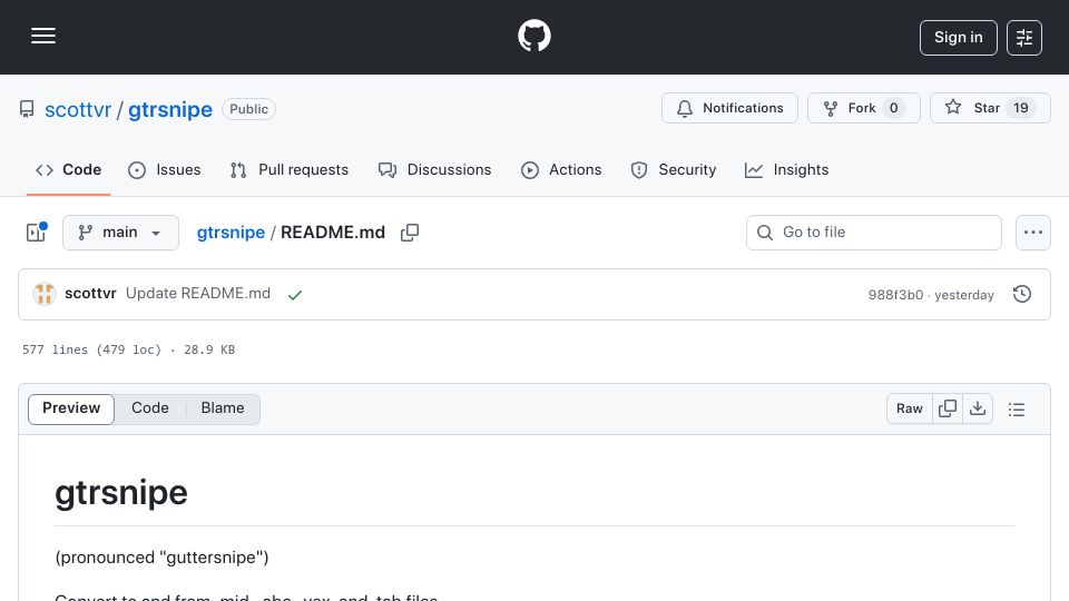 Screenshot of github.com: Show HN: Convert from MIDI file to ASCII tablature (and more)