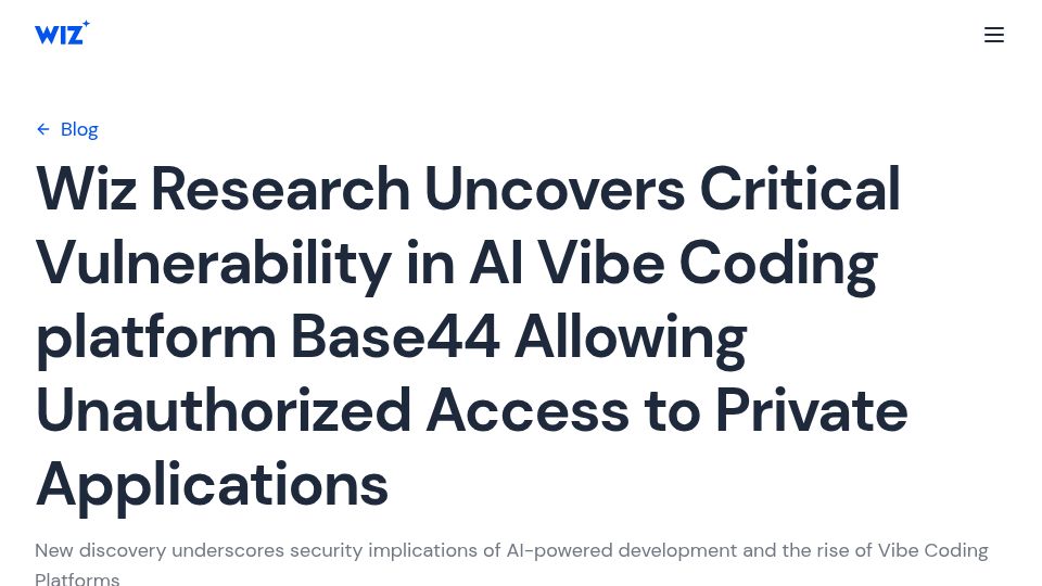 Screenshot of wiz.io: Critical vulnerability in AI coding platform Base44 allowing unauthorized access