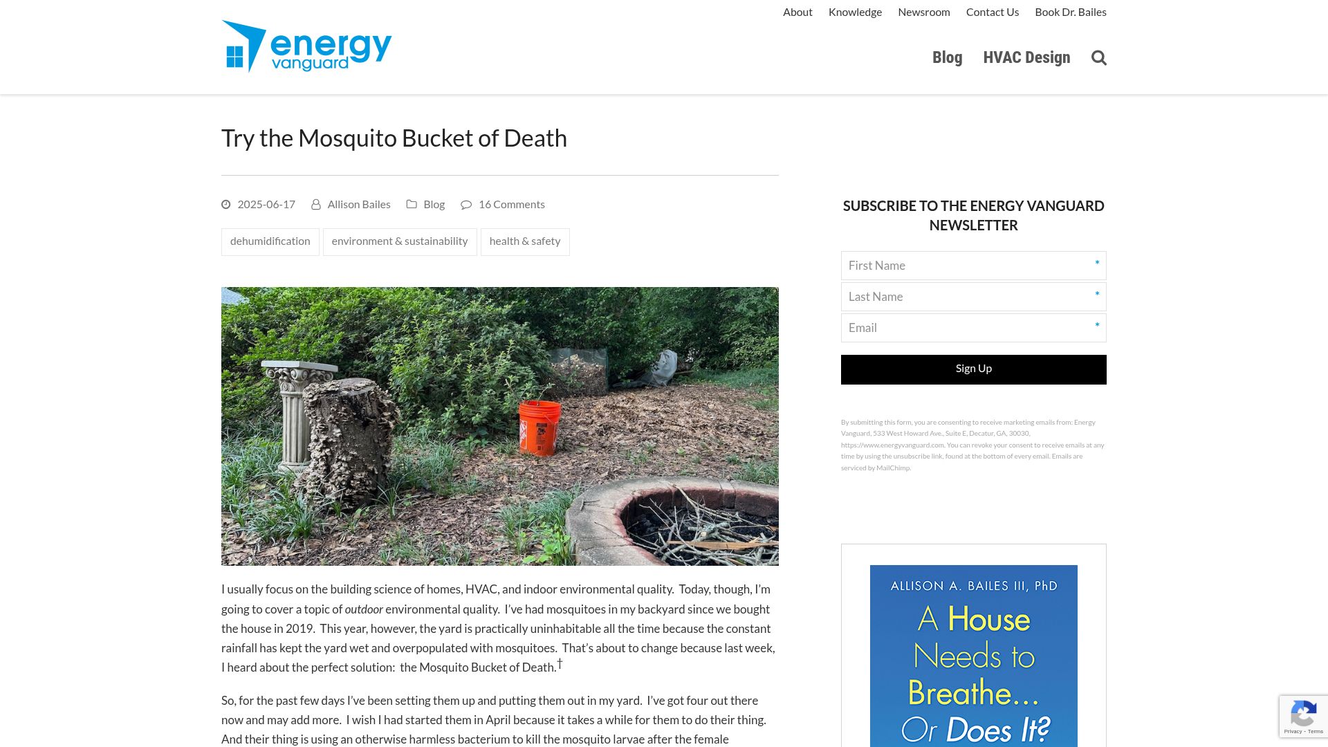 Screenshot of energyvanguard.com: Try the Mosquito Bucket of Death