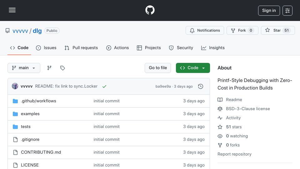 Screenshot of github.com: Show HN: Dlg – Zero-cost printf-style debugging for Go