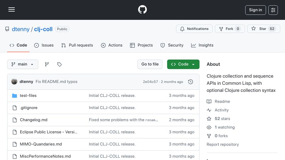 Screenshot of github.com: Clj-coll: Clojure collections and sequences in Common Lisp