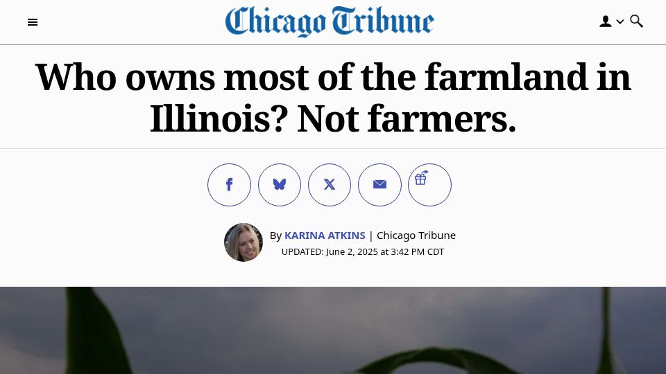 Screenshot of chicagotribune.com: Most Illinois farmland is not owned by farmers