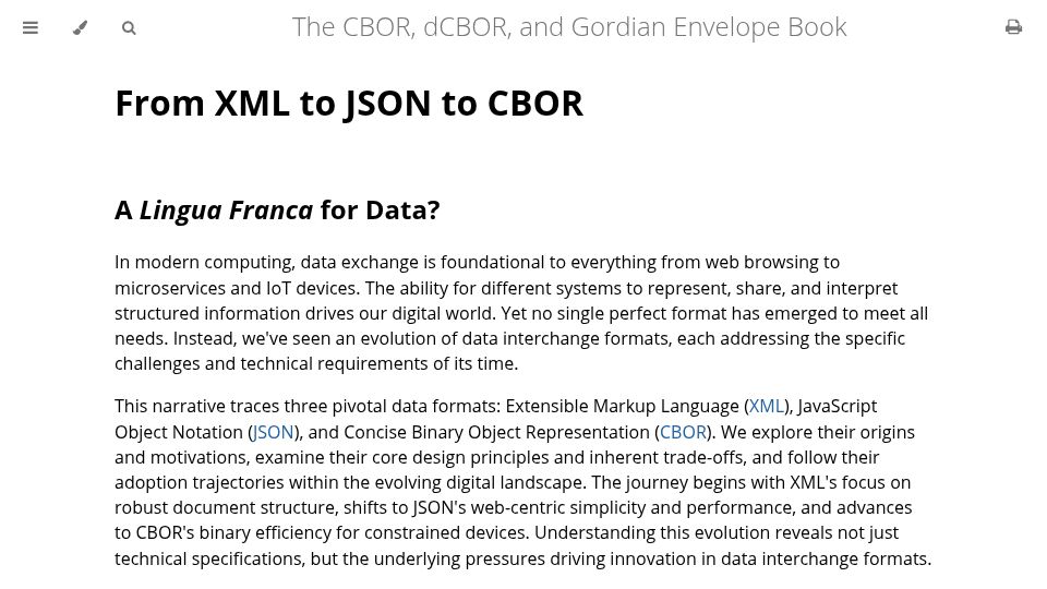 Screenshot of cborbook.com: From XML to JSON to CBOR