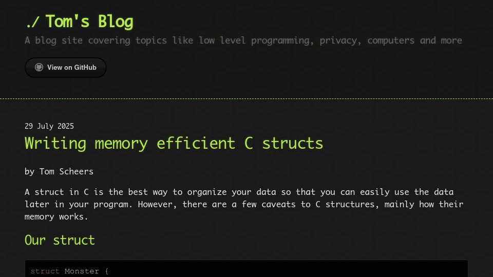 Screenshot of tomscheers.github.io: Writing memory efficient C structs