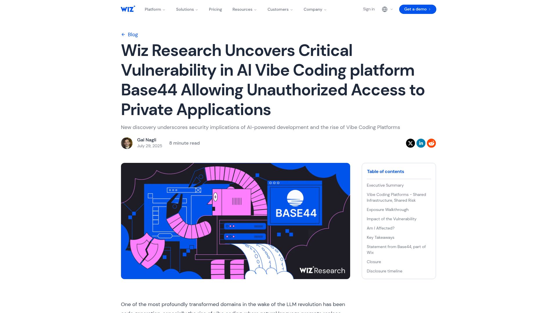 Screenshot of wiz.io: Critical vulnerability in AI coding platform Base44 allowing unauthorized access
