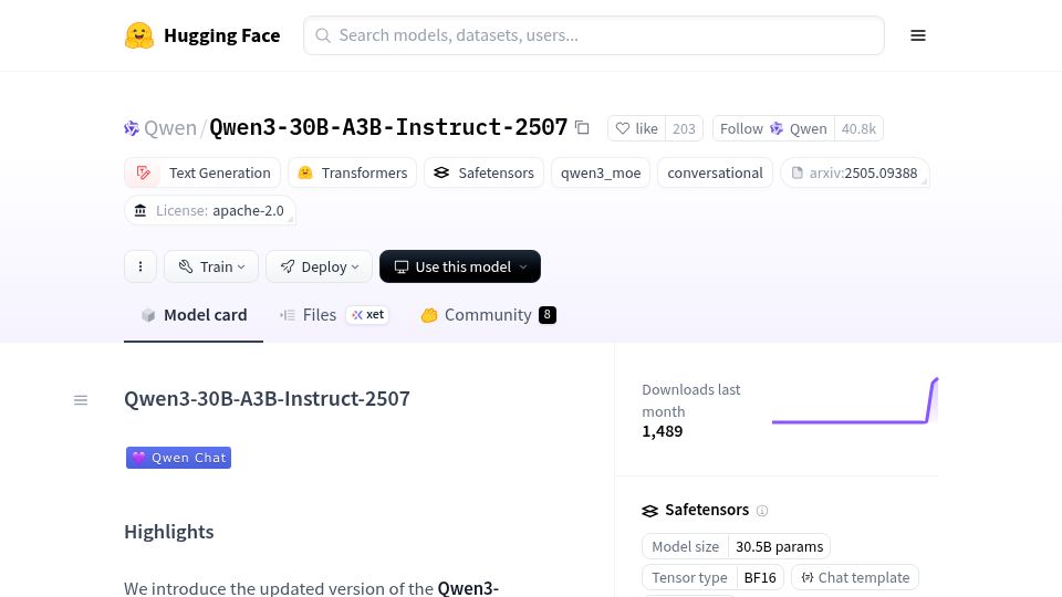 Screenshot of huggingface.co: Qwen3 30B-A3B