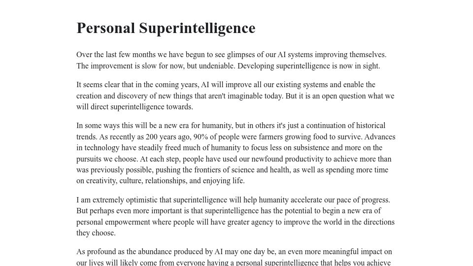Screenshot of meta.com: Meta's Vision for Superintelligence