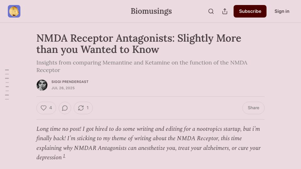 Screenshot of grillbert.substack.com: NMDA Receptor Antagonists: Slightly More Than You Wanted to Know