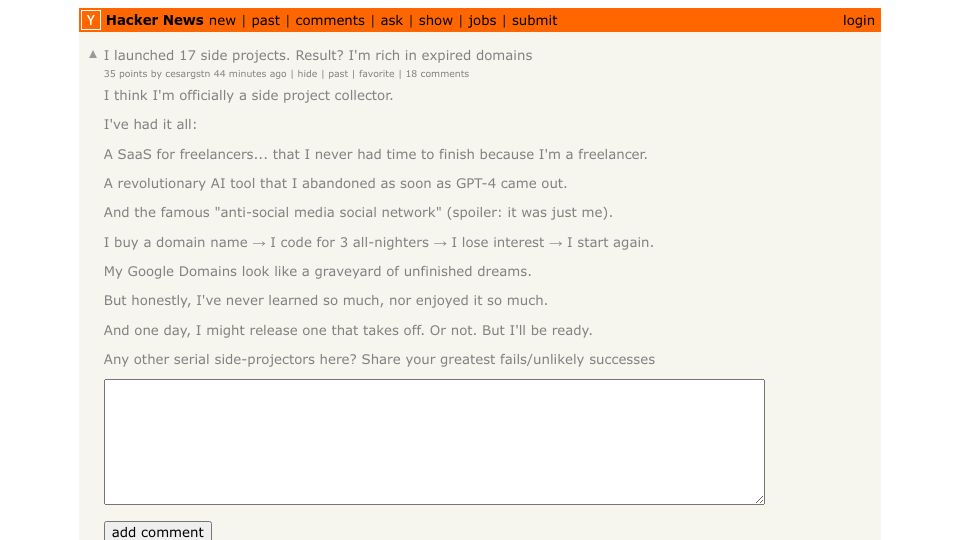 Screenshot of Hacker News post: I launched 17 side projects. Result? I'm rich in expired domains
