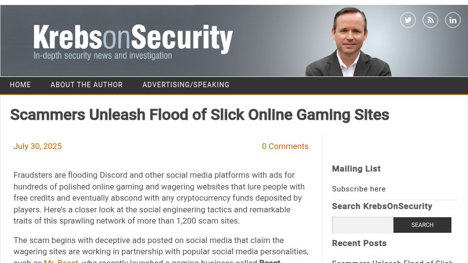 Screenshot of krebsonsecurity.com: Scammers unleash flood of online gaming sites