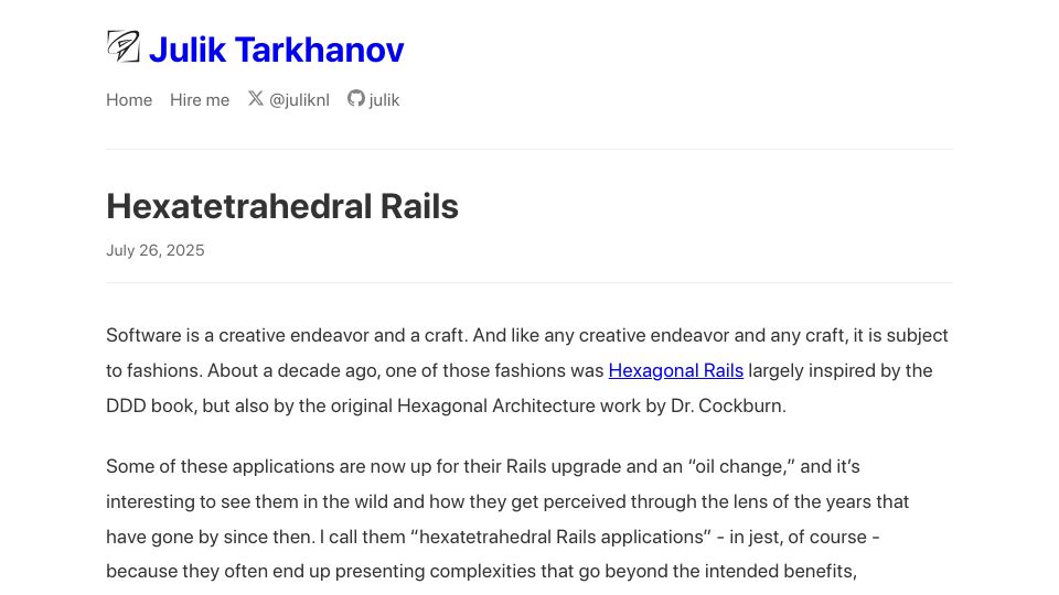 Screenshot of blog.julik.nl: Hexatetrahedral Rails