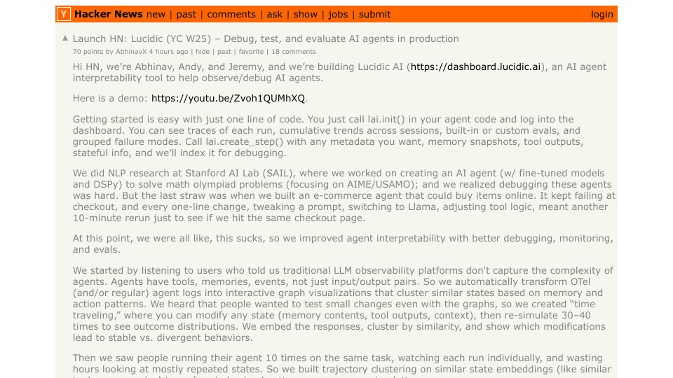 Screenshot of Hacker News post: Launch HN: Lucidic (YC W25) – Debug, test, and evaluate AI agents in production