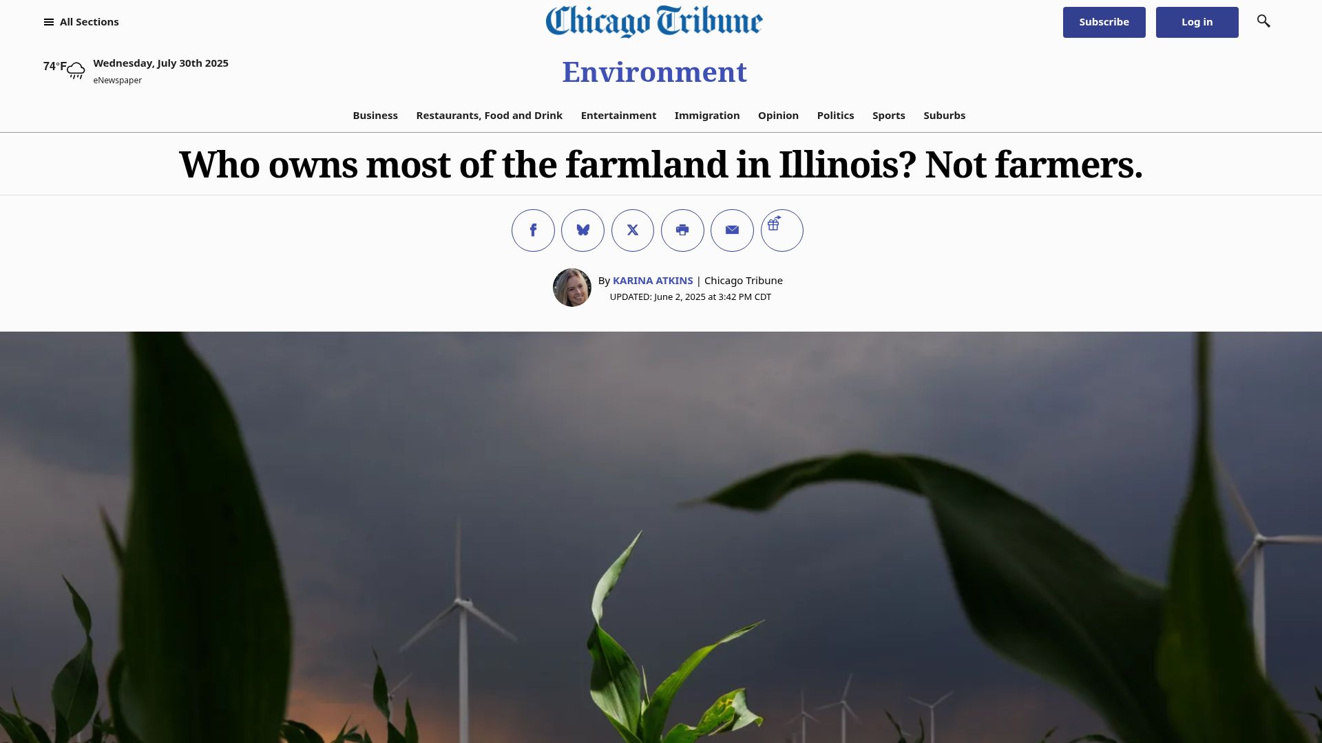 Screenshot of chicagotribune.com: Most Illinois farmland is not owned by farmers