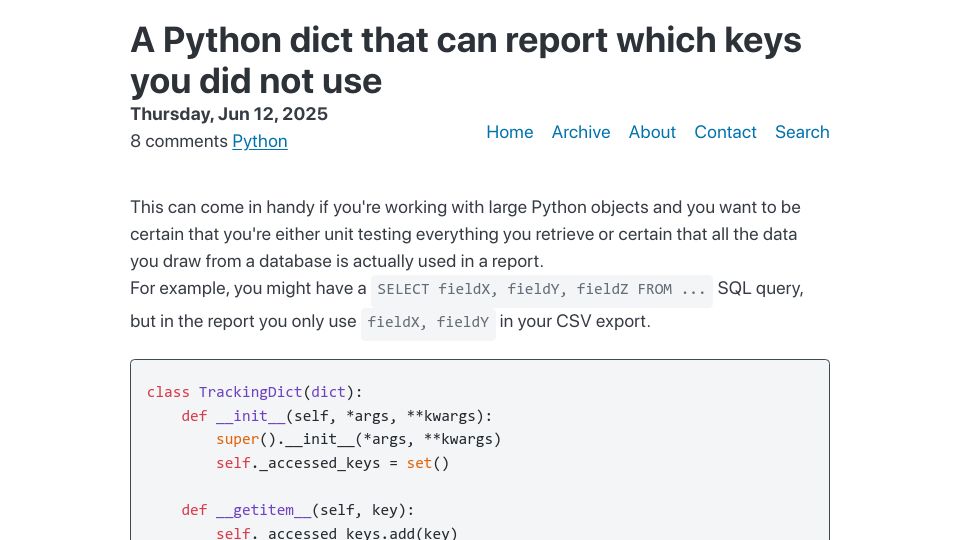 Screenshot of peterbe.com: A Python dict that can report which keys you did not use