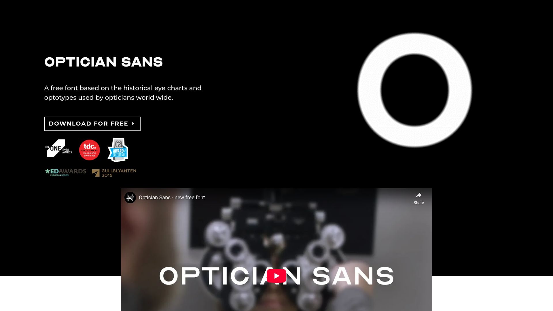 Screenshot of optician-sans.com: Optician Sans – A free font based on historical eye charts and optotypes