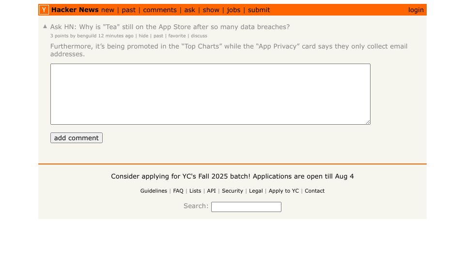 Screenshot of Hacker News post: Ask HN: Why is "Tea" still on the App Store after so many data breaches?