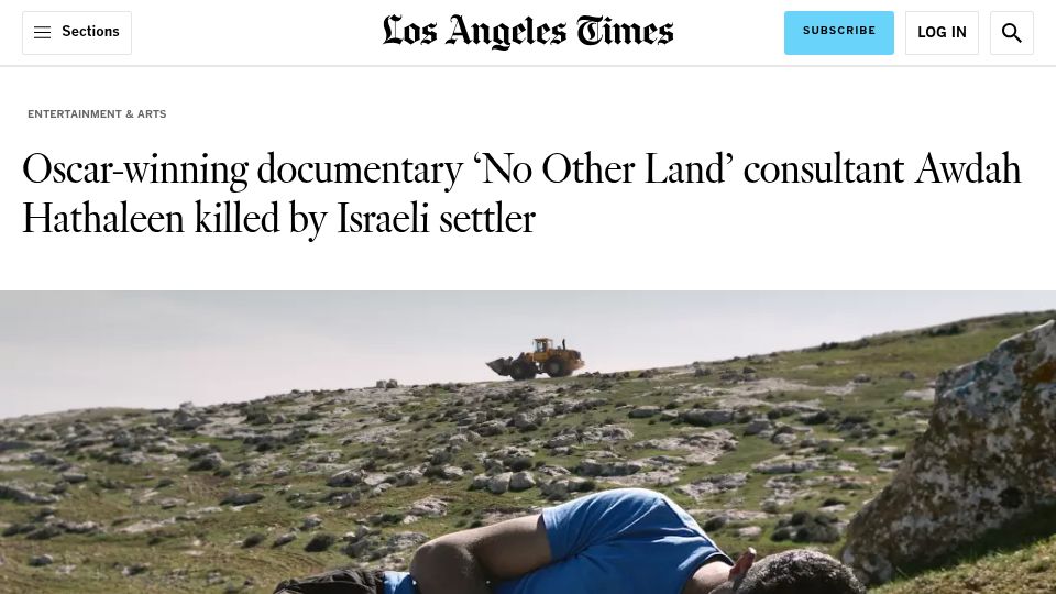 Screenshot of latimes.com: ‘No Other Land’ consultant Awdah Hathaleen killed by Israeli settler