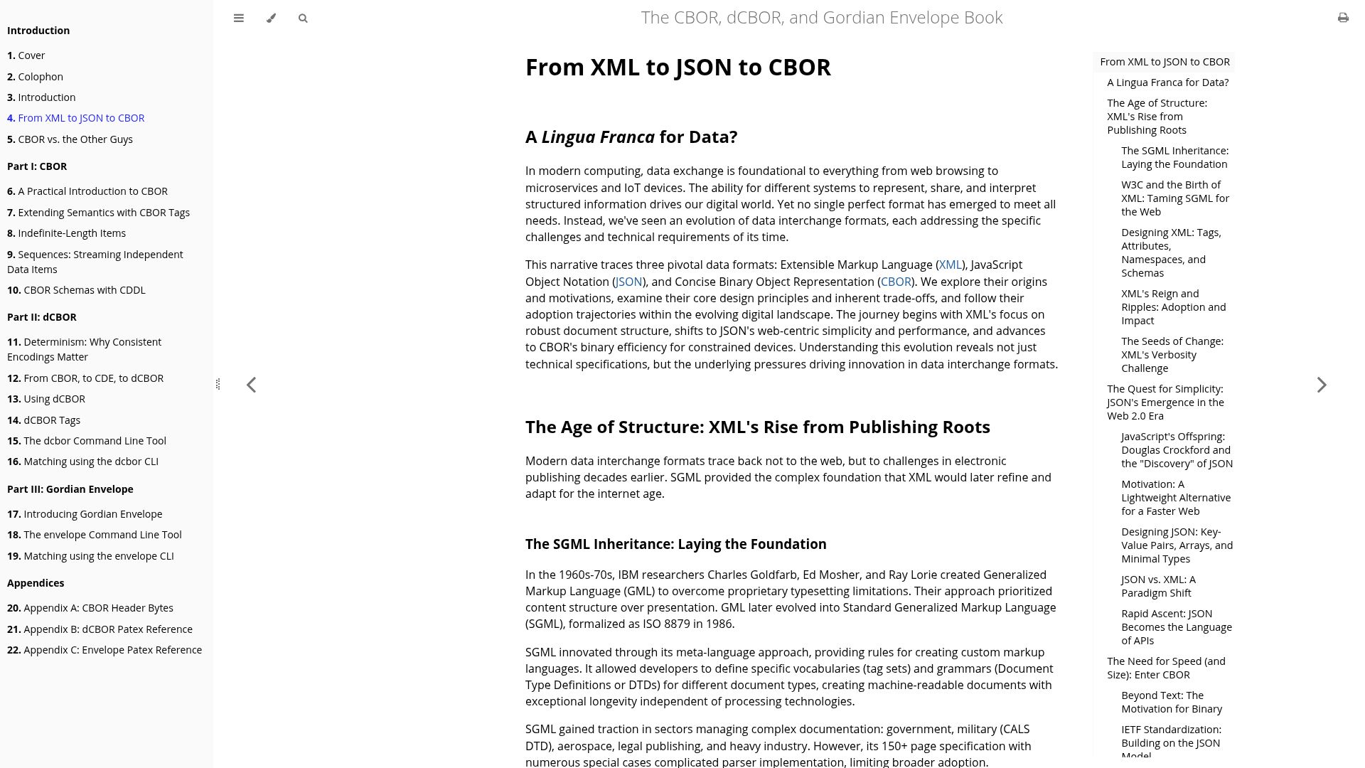Screenshot of cborbook.com: From XML to JSON to CBOR