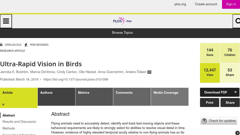 Screenshot of journals.plos.org: Ultra-Rapid Vision in Birds