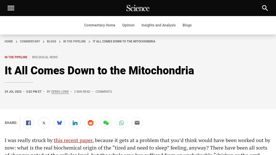 Screenshot of science.org: Sleep all comes down to the mitochondria
