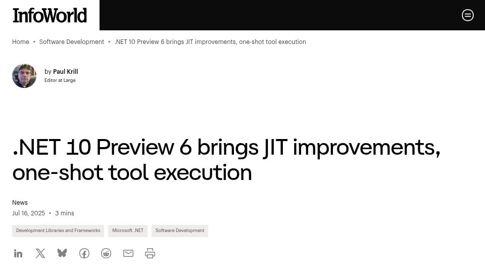 Screenshot of infoworld.com: .NET 10 Preview 6 brings JIT improvements, one-shot tool execution