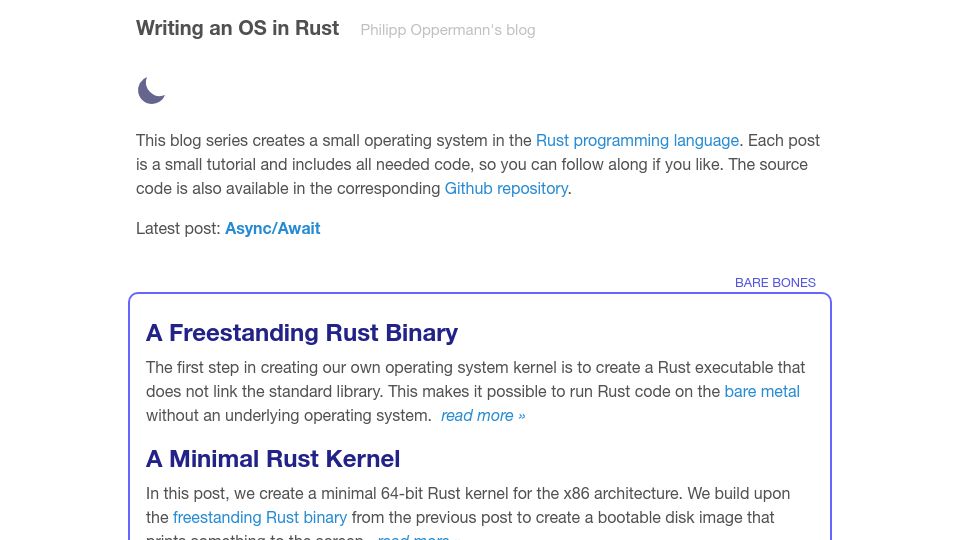 Screenshot of os.phil-opp.com: Blog series on creating an OS in Rust