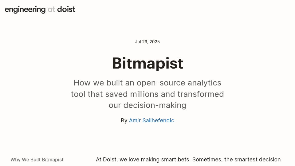Screenshot of doist.dev: Bitmapist: We built an open-source cohorts analytics tool that saved millions