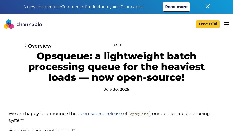 Screenshot of channable.com: Opsqueue: Lightweight batch processing queue for heavy loads – now open-source