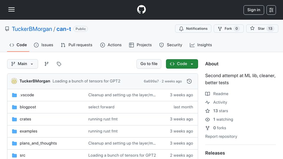Screenshot of github.com: Show HN: Cant – Library written in Rust that provides PyTorch-like functionality