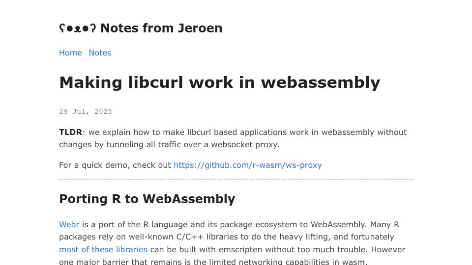 Screenshot of jeroen.github.io: Making Libcurl Work in WebAssembly