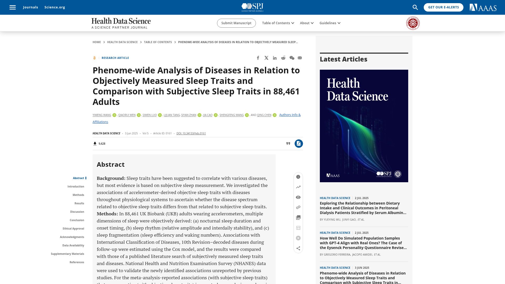 Screenshot of spj.science.org: Phenome-wide analysis of diseases in relation to sleep traits