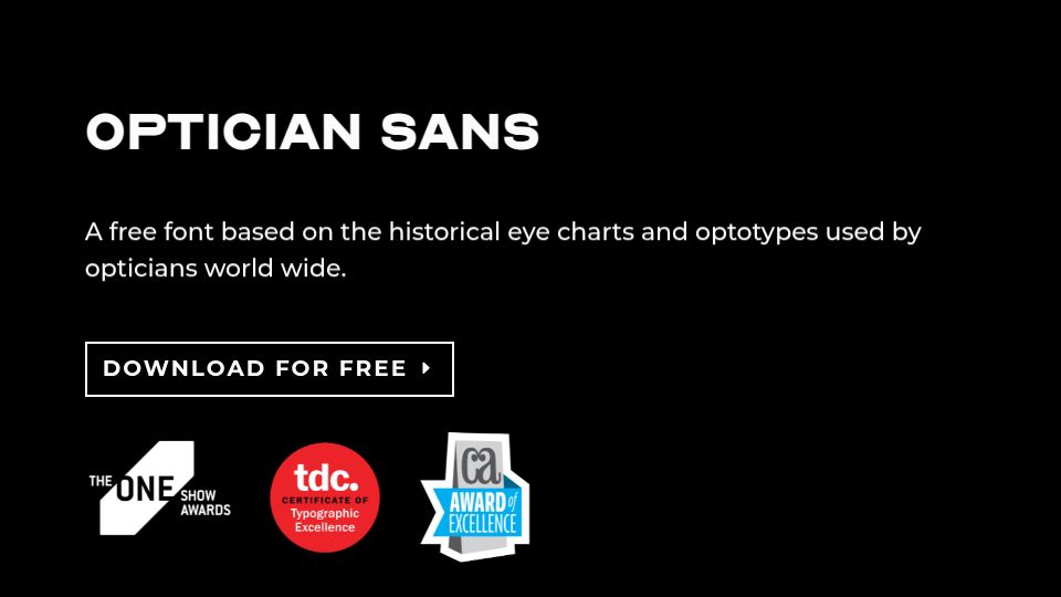 Screenshot of optician-sans.com: Optician Sans – A free font based on historical eye charts and optotypes