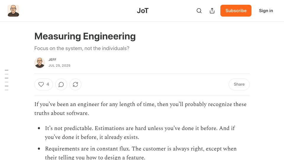 Screenshot of fffej.substack.com: Measuring Engineering