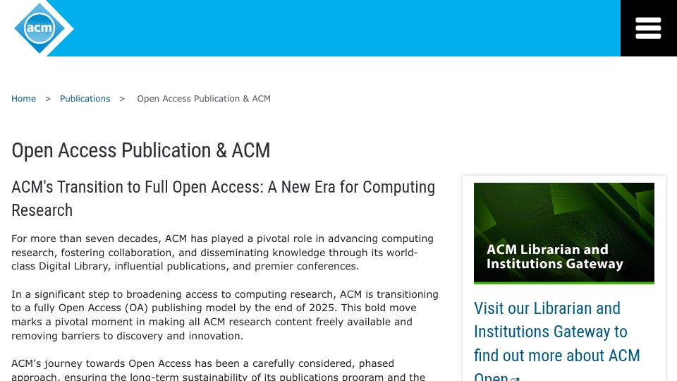 Screenshot of acm.org: ACM Transitions to Full Open Access
