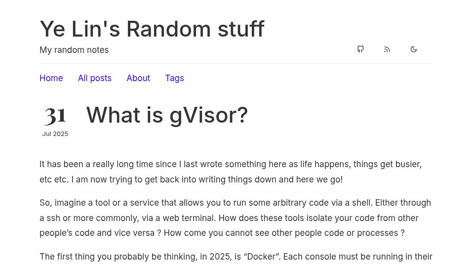 Screenshot of blog.yelinaung.com: What is gVisor?