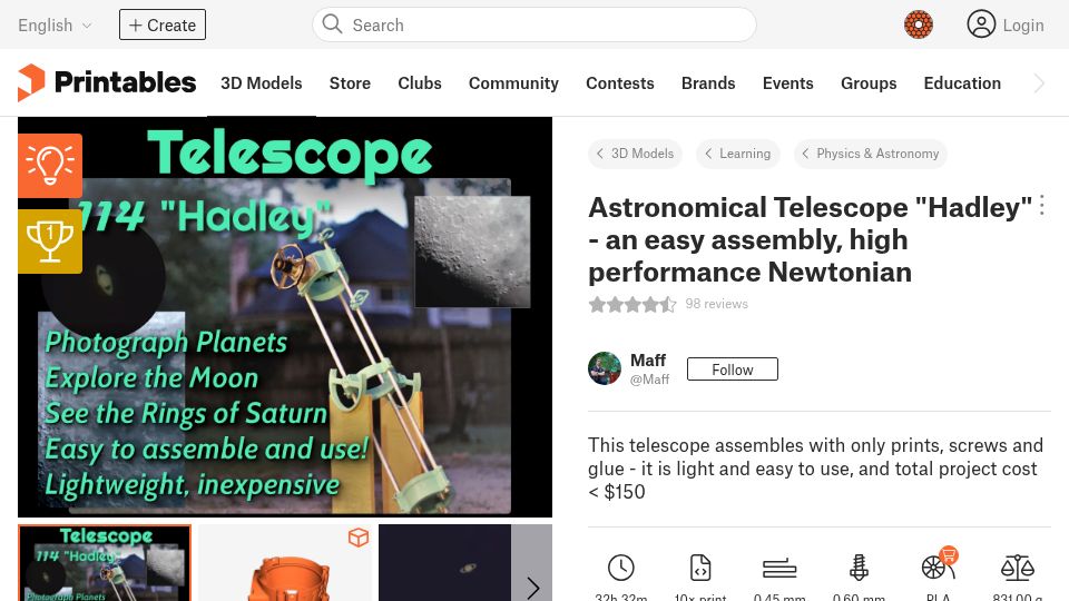Screenshot of printables.com: Astronomical Telescope “Hadley” – an easy assembly, high performance Newtonian