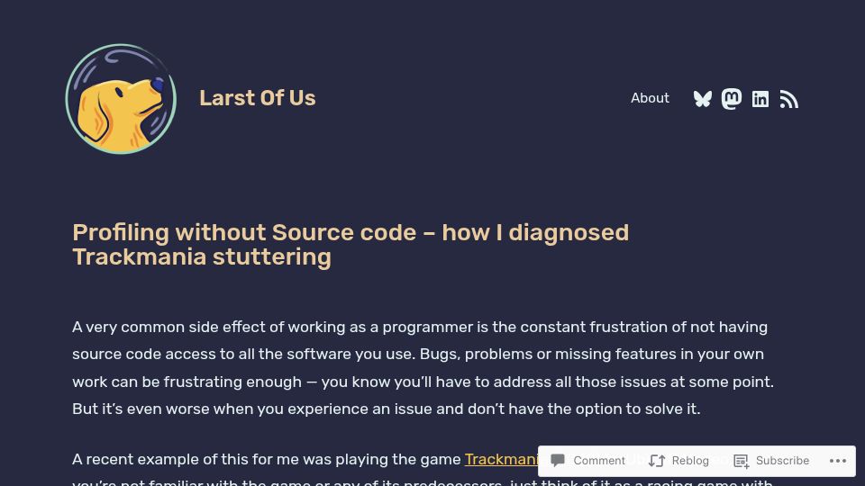 Screenshot of larstofus.com: Profiling without Source code – how I diagnosed Trackmania stuttering