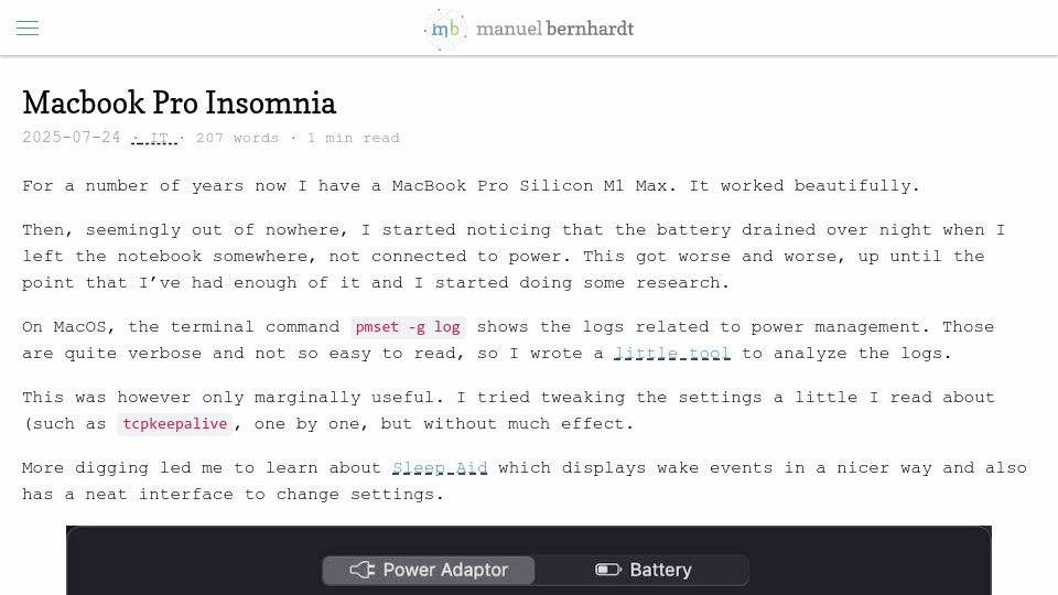 Screenshot of manuel.bernhardt.io: MacBook Pro Insomnia