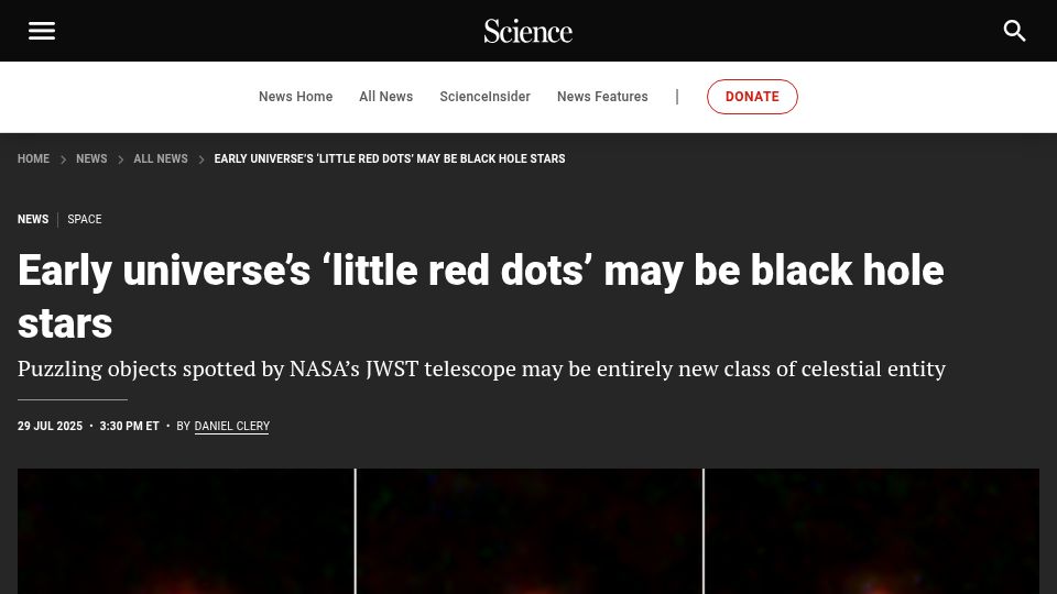 Screenshot of science.org: Early universe's 'little red dots' may be black hole stars