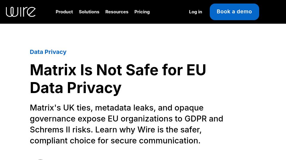 Screenshot of wire.com: Matrix Is Not Safe for EU Data Privacy