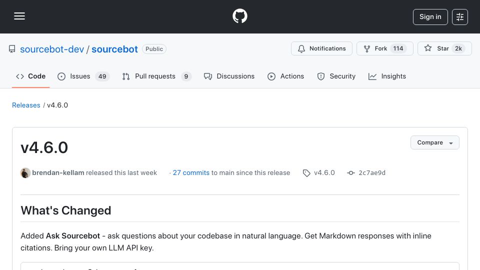 Screenshot of github.com: Show HN: Sourcebot – Self-hosted Perplexity for your codebase